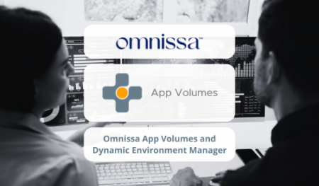 kantoorruimte met logo van omnissa en vmware app volumes