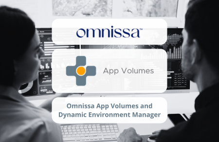 kantoorruimte met logo van omnissa en vmware app volumes